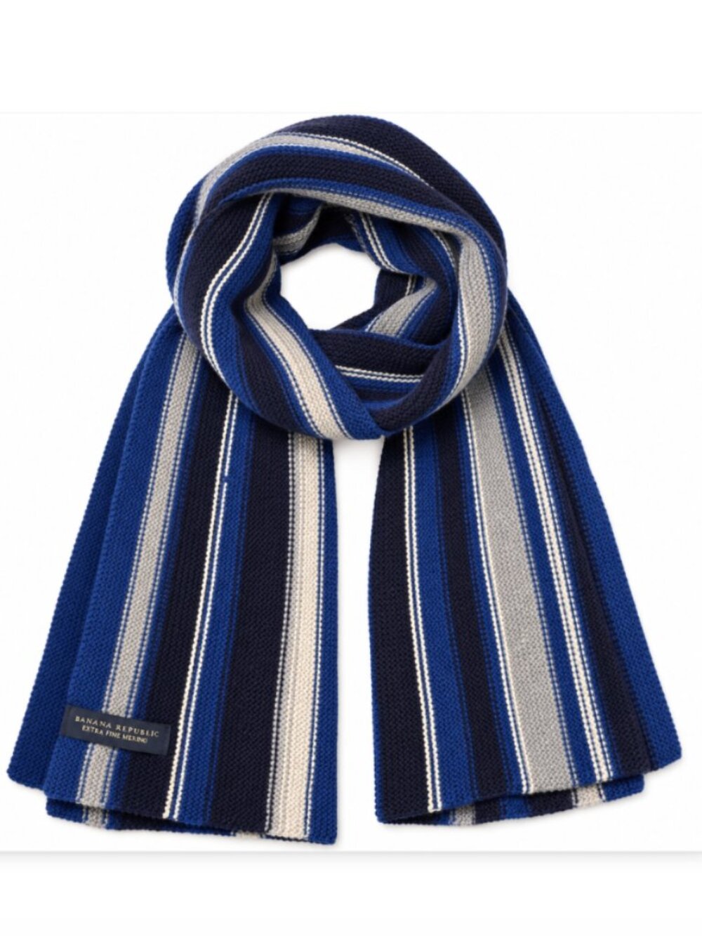 Banana Republic Extra Fine Merino Wool Striped Scarf Blue Navy Gray